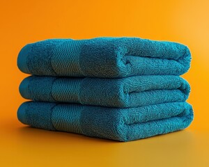 Stacked teal towels on a vibrant orange background, ideal for home decor and spa settings
