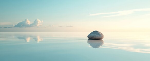 Peaceful tranquil scene of a solitary rock on calm water.