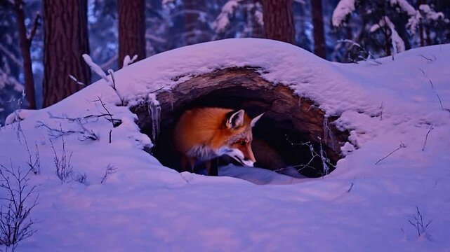 Fox emerging from snowy den in a winter forest scene with natural habitat