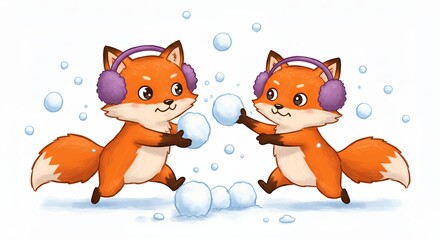 Cartoon foxes playing with snowballs winter theme illustration