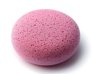 Close-up of a pink, porous sponge on a white background, highlighting texture and color