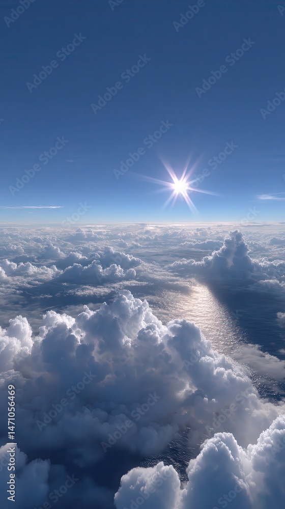 Poster a hyper-realistic high-altitude aerial view of massive cumulus and cumulonimbus clouds hovering abov