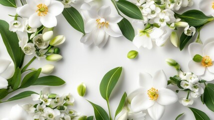Fototapeta premium Delicate wax flowers and greenery in a repeating pattern, elegant white background