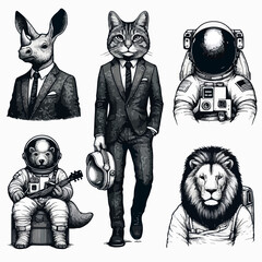 hand drawing for a tattoo of a bear, lion, wolf, pig, fox