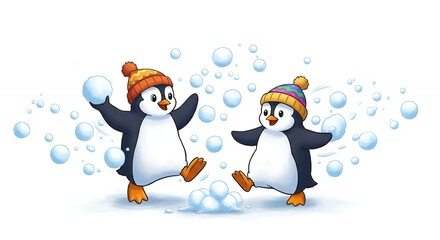 Cartoon penguins playing snowball fight