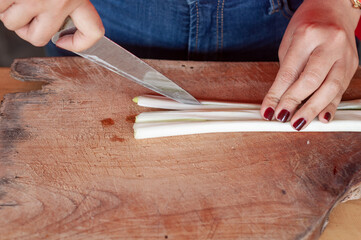 Chef cutting spring onions on wooden board