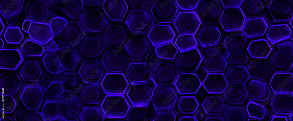 Poster glowing purple hexagonal pattern on dark blue futuristic surface, abstract technology, dynamic depth