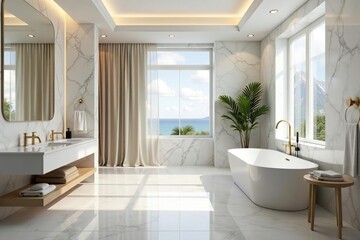 Luxurious marble bathroom with freestanding tub and large shower , faucet, decor, master bathroom