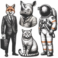 hand drawing for a tattoo of a bear, lion, wolf, pig, fox