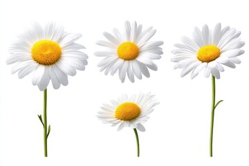 Fototapeta premium Four Isolated White Daisies on White Background Studio Shot Eye-Level View Floral Arrangement Botanical Beauty Springtime