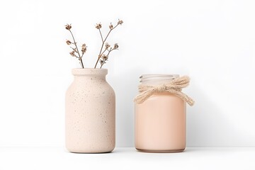 Beige Speckled Jar and Cream-Colored Bottle with Dried Flowers on White Background