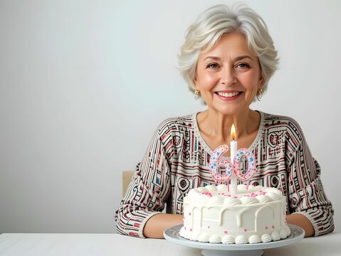 Middle-aged older senior 60 years old woman 60th happy birthday cake, to celebrate coming of retirement age happily, active fabulous and look younger than age, young at heart or age gracefully concept - Powered by Adobe
