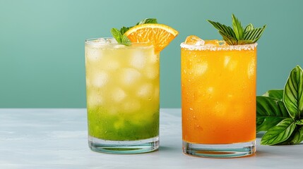 Fototapeta premium Two Colorful Cocktails with Orange and Mint Garnishes on Teal
