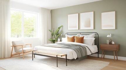 Fototapeta premium Modern Bedroom Interior Design: A tranquil and stylish bedroom features a comfortable bed with muted-tone bedding, a mid-century modern nightstand, and an armchair near a large window. 