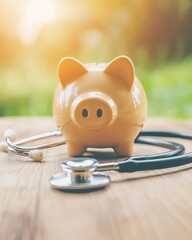 Piggy bank and stethoscope on wood table in soft focus for health insurance concept financial checkup savings plan