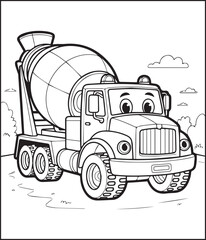 Construction vehicle concrete mixer coloring page for kids, black line art vector illustration for children book design