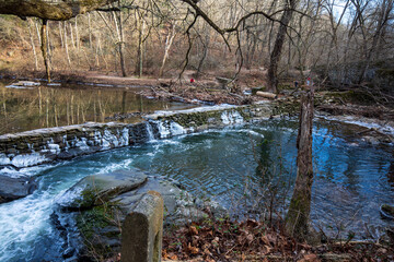 Wissahickon,Pennsylvania,USA - December 14 2022: Magarge dam at Wissahickon Trails in winter.