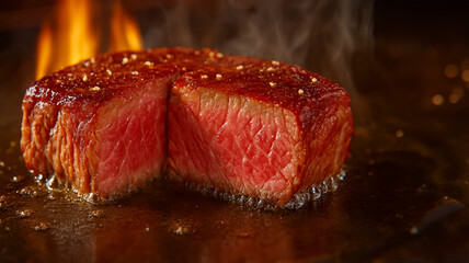 鉄板で焼き上げる極上レアステーキ/Sizzling Rare Steak Grilled to Perfection Generative AI
