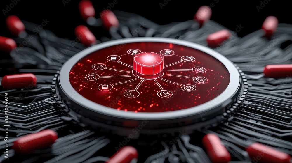 Poster glowing red cube on circuit board with capsules