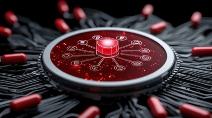 Obraz premium Glowing Red Cube on Circuit Board with Capsules