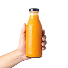 hand holding cold pressed juice bottle on white background png