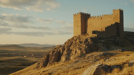 Obraz premium Ancient Stone Castle on Hilltop at Sunset