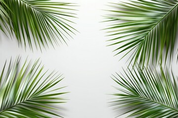 Obraz premium Tropical palm leaves arranged in a frame against a light gray background. Fresh, vibrant greenery