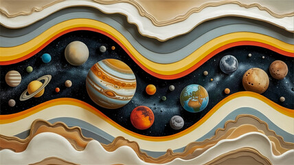 Obraz premium A detailed artistic rendering of the solar system set against a black starry background, arranged in a horizontal wave-like pattern