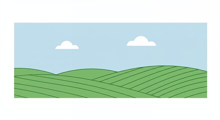 Obraz premium Rolling green hills landscape illustration with light blue sky and clouds background