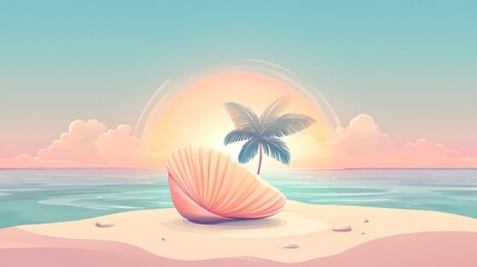 Tropical beach sunset illustration with palm tree and seashell