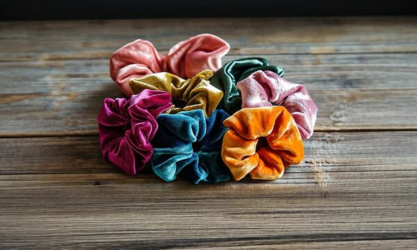 A vibrant collection of velvet hair scrunchies arranged artistically on a rustic wooden surface, showcasing various colors and textures for fashion and styling use