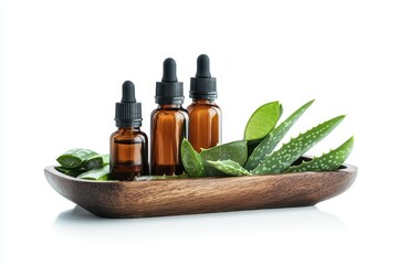 Aloe vera essential oil bottles on a wooden tray