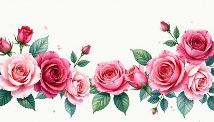 Obraz premium Delicate watercolor roses in repeating border pattern , pink, blossom, elegant