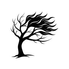 windblown tree silhouette on white background 