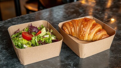 Freshly prepared take-away meal.  A light and healthy option featuring a crisp croissant and a mixed green salad with tomato and cucumber.  Served in eco-friendly containers on a dark countertop