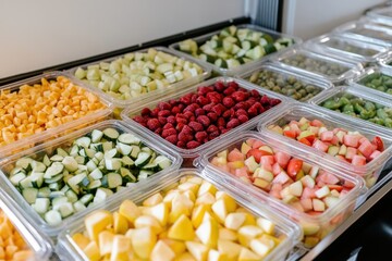 Assortment of Freshly Cut Fruits and Vegetables in Clear Containers Overhead Shot Food Preparation Healthy Eating