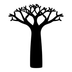 Stylized black silhouette of a Baobab tree against a white background