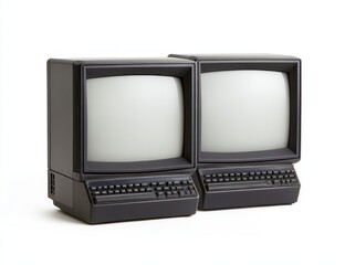 Pair of vintage computer terminals.  Two identical, early 1980s style computer systems, each with a CRT monitor, keyboard, and a box-like structure.  They are positioned side-by-side