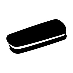 Simple graphic depiction of a cream filled rectangular chocolate sandwich cookie