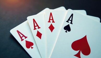 Four aces fanned out, showcasing the card suits , design, risk, close-up