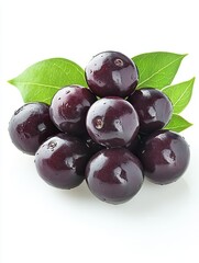 Fototapeta premium Close-up of fresh acai berries with green leaves on white background studio shot healthy eating concept