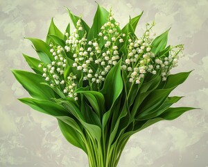 Obraz premium Beautiful bouquet of lily of the valley flowers with lush green leaves, soft background