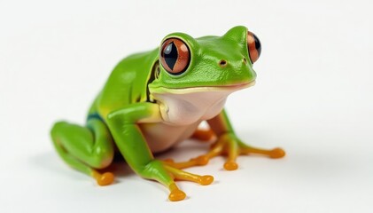 Obraz premium Green tree frog, vibrant skin, perched on white , white background, exotic, reptile