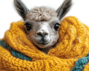 Fototapeta premium Adorable llama wrapped in a cozy yellow scarf, showcasing warmth and charm