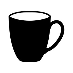 Stylized black and white illustration of a coffee cup with visible handle