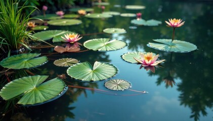 Intricate floral pattern of various water plants reflected in still lake water , floral pattern, reflection, aesthetic