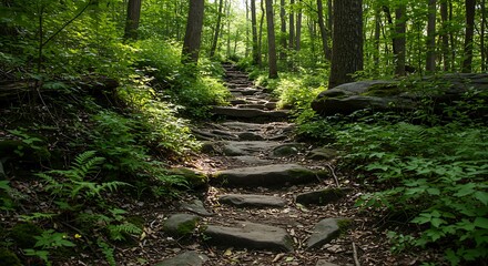 Obraz premium Sun-Dappled Stone Steps: A Forest Path Beckons