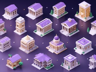 Isometric Cartoon Buildings on Purple Background, Top-Down View of Bank, Courthouse, Library, University, City Hall, Museum, and Church