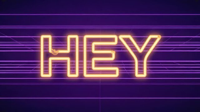 Glowing gold text hey on purple background