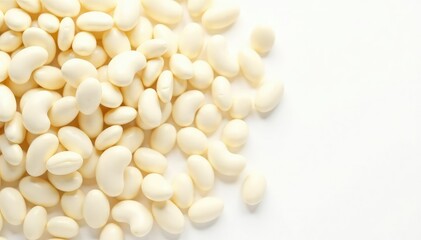Scattered white beans on pure white background, top view, simplicity, flat lay